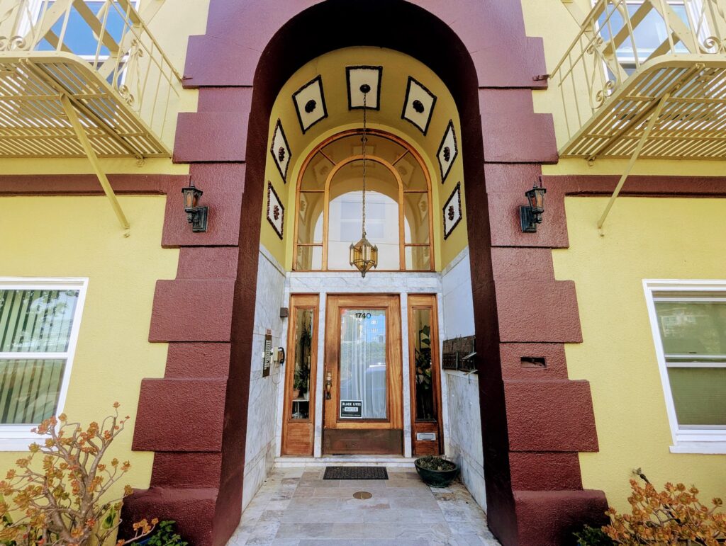 Facing the front door archway